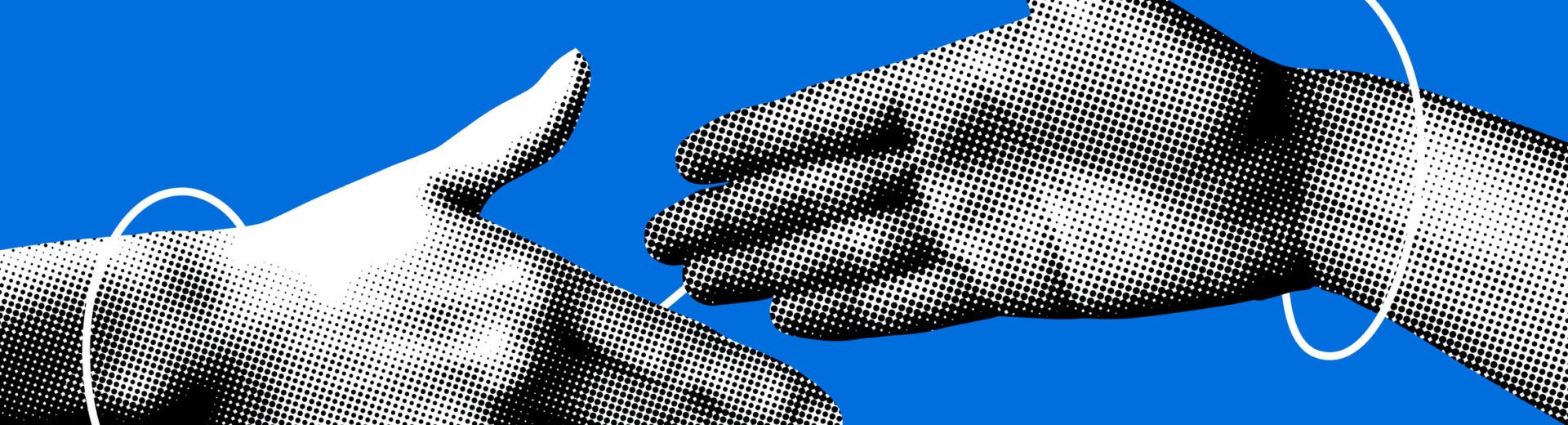 Hands reach out to each other. Handshake. Halftone retro hands. Paper cutout elements. Trendy vintage newspaper parts. Hands tied with thread. Shaking hands. Make a deal. Successful agreement